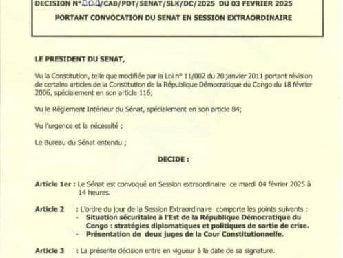 SITUATION SÉCURITAIRE DANS L’EST DE LA RÉPUBLIQUE DÉMOCRATIQUE DU CONGO : LES DEUX CHAMBRES DU PARLEMENT SERONT EN SESSION EXTRAORDINAIRE LE MARDI 04 FÉVRIER 2025